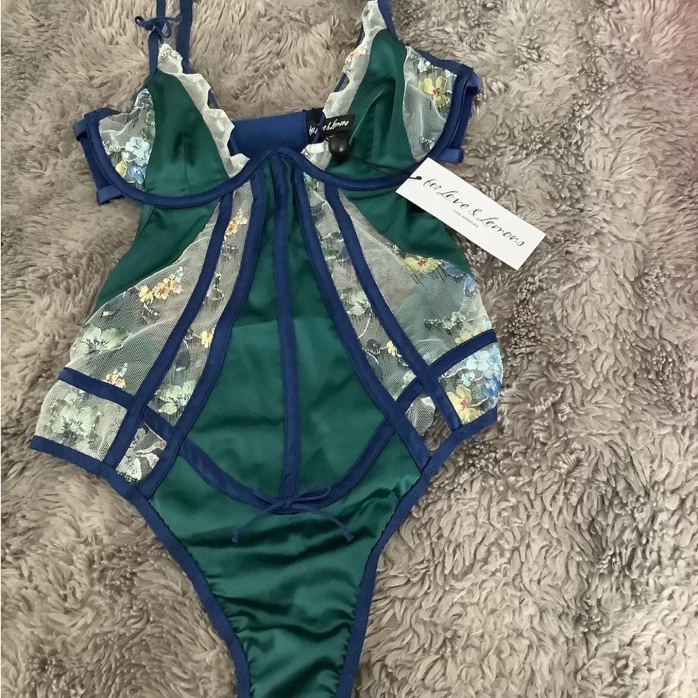 NEW FOR LOVE AND LEMONS wrap ikat embroidered teddy bodysuit - jade blue green